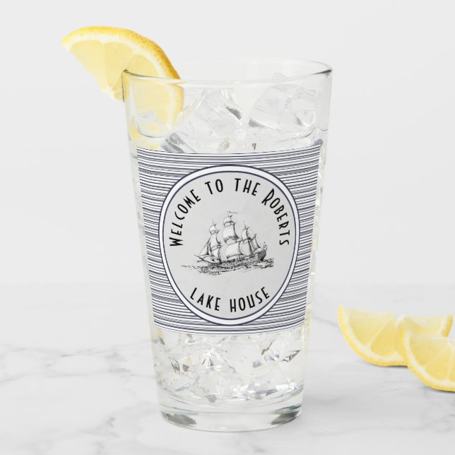 Navy Blue Stripe Vintage Label and Name Glass (Front Ice)