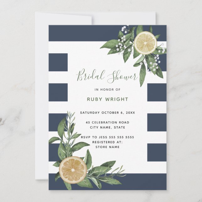 Navy Blue Stripe Watercolor Lemon Bridal Shower Invitation (Front)