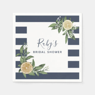 Navy Blue Stripe Watercolor Lemon Bridal Shower Napkin