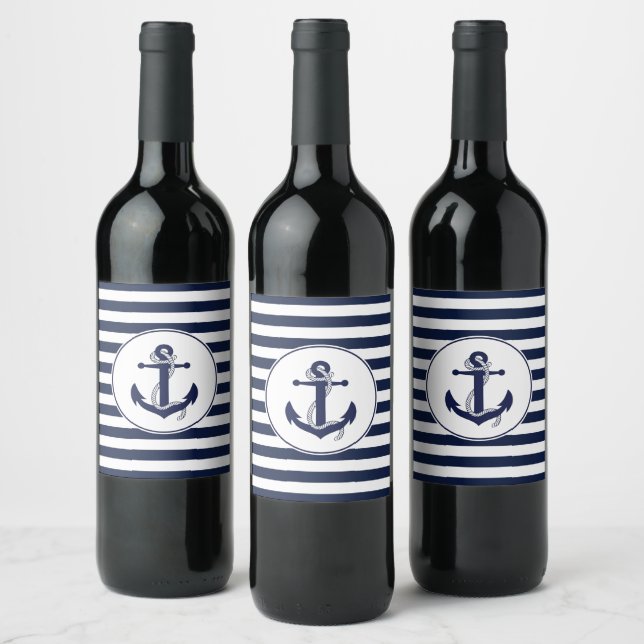Navy Blue Striped Anchor Wedding Wine Wine Label (Bottles)