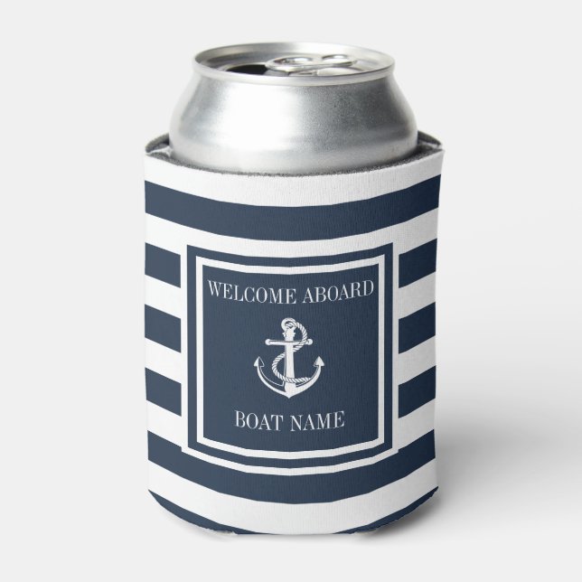 Navy Blue Striped Nautical Anchor Boat Name Can Cooler (Can Front)