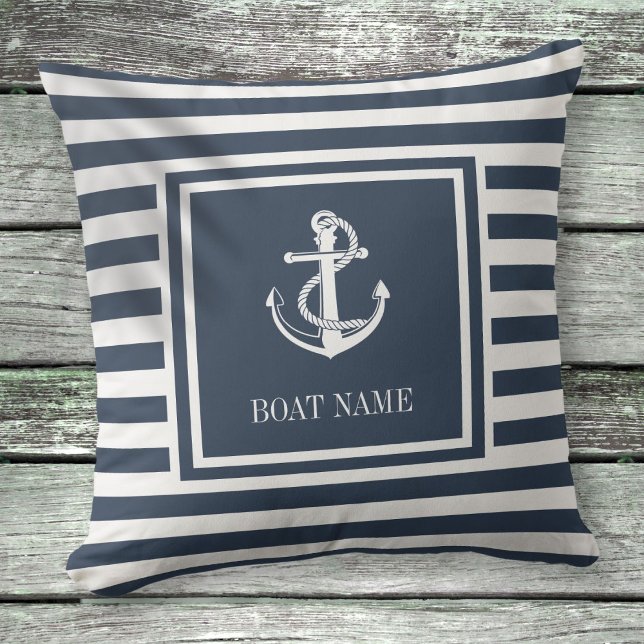 Navy Blue Striped Nautical Anchor Boat Name Cushion (Navy Blue Striped Nautical Anchor Boat Name Outdoor Pillow)