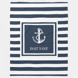 Navy Blue Striped Nautical Anchor Boat Name Fleece Blanket