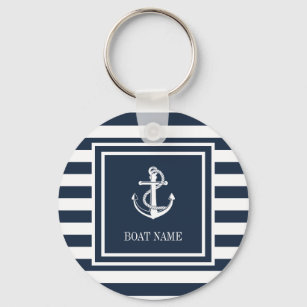 Navy Blue Striped Nautical Anchor Boat Name Key Ring