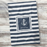 Navy Blue Striped Nautical Anchor Boat Name Tea Towel<br><div class="desc">A nautical design featuring an anchor,  stylish navy blue and white stripes and personalised with your boat name. Designed by Thisisnotme©</div>