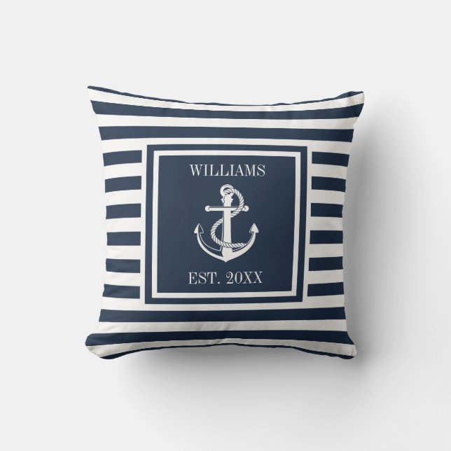 Navy Blue Striped Nautical Anchor Personalised Cushion (Front)