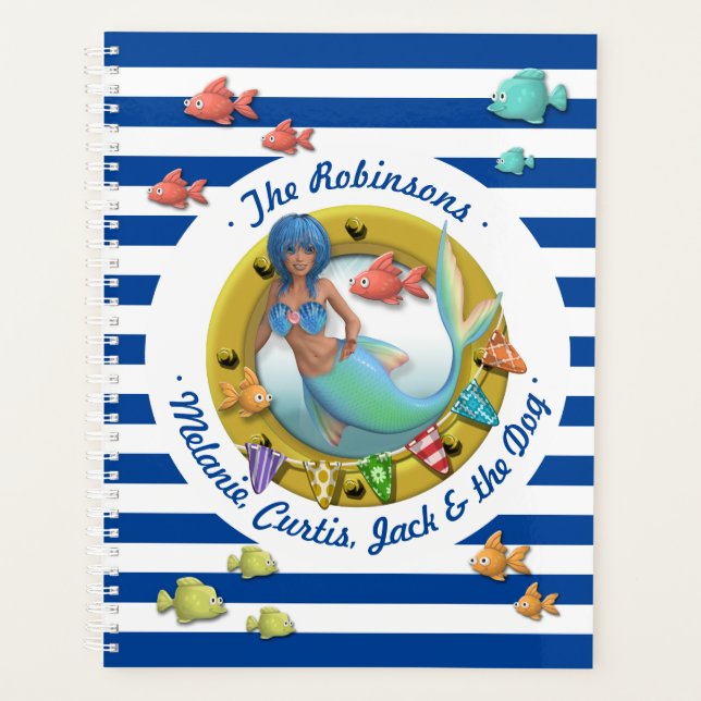 Navy Blue Striped Nautical Mermaid Beach Holiday Planner (Front)