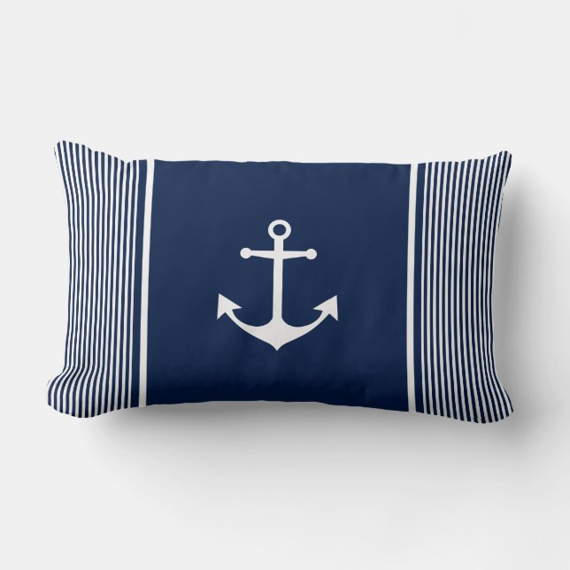 Navy Blue Striped Nautical Pillow with Anchor (Front)