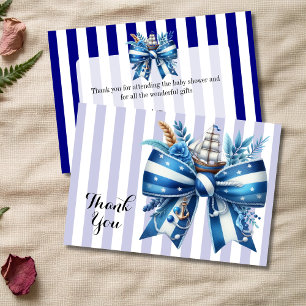 Navy Blue Striped Vintage Bow Thank You Card