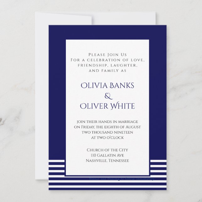 Navy Blue Striped - Wedding Invitation (Front)