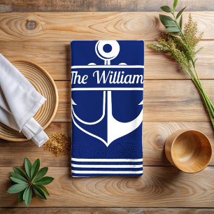 Navy blue striped white anchor custom name tea towel