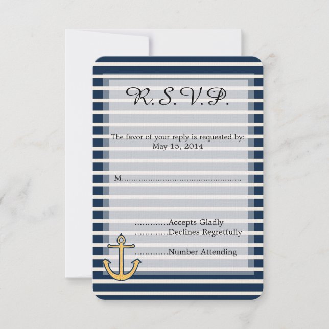 Navy Blue Stripes Anchor  Wedding RSVP (Front)