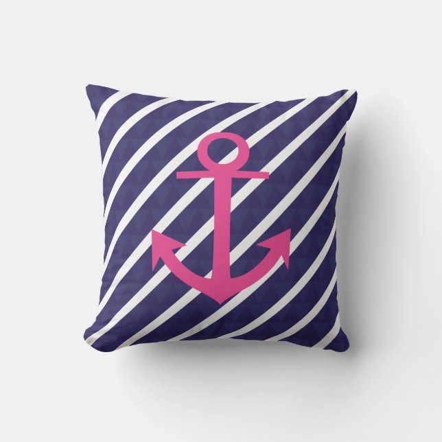Navy Blue Stripes And Hot Pink Anchor Design Cushion (Front)