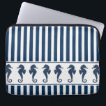Navy Blue Stripes and Sea Horses Laptop Sleeve<br><div class="desc">This seaside design includes a white band of navy blue sea horses across a navy and pale grey stripe pattern.</div>