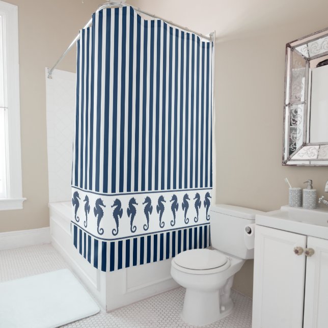 Navy Blue Stripes and Sea Horses Shower Curtain (In Situ)