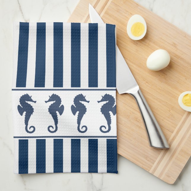 Navy Blue Stripes and Sea Horses Tea Towel (Quarter Fold)