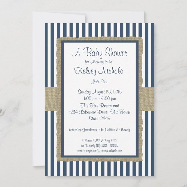 Navy Blue Stripes Baby Shower Invitation (Back)