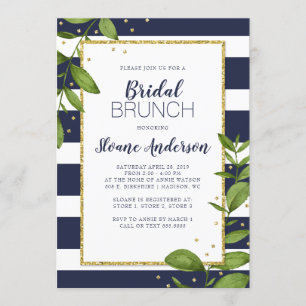 Navy Blue Stripes Botanical Bling Bridal Brunch Invitation