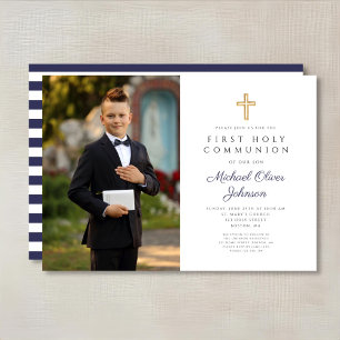 Navy Blue Stripes Boy First Communion Photo Invitation