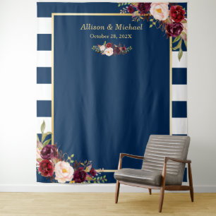 Navy Blue Stripes Burgundy Floral Wedding Backdrop Tapestry