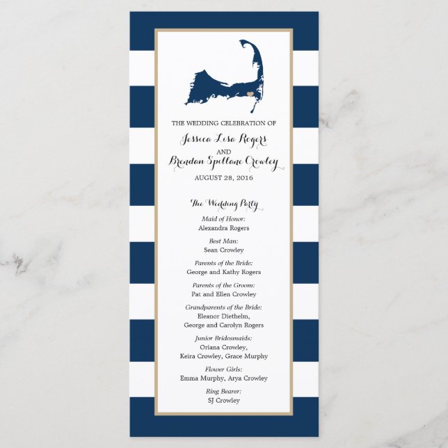 Navy Blue Stripes Cape Cod Map | Ceremony Program Programme (Front)