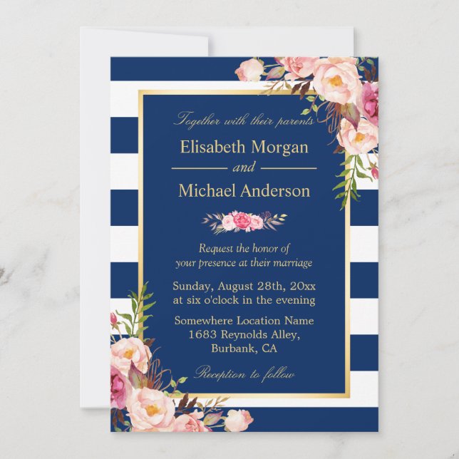 Navy Blue Stripes Floral | Classy Formal Wedding Invitation (Front)