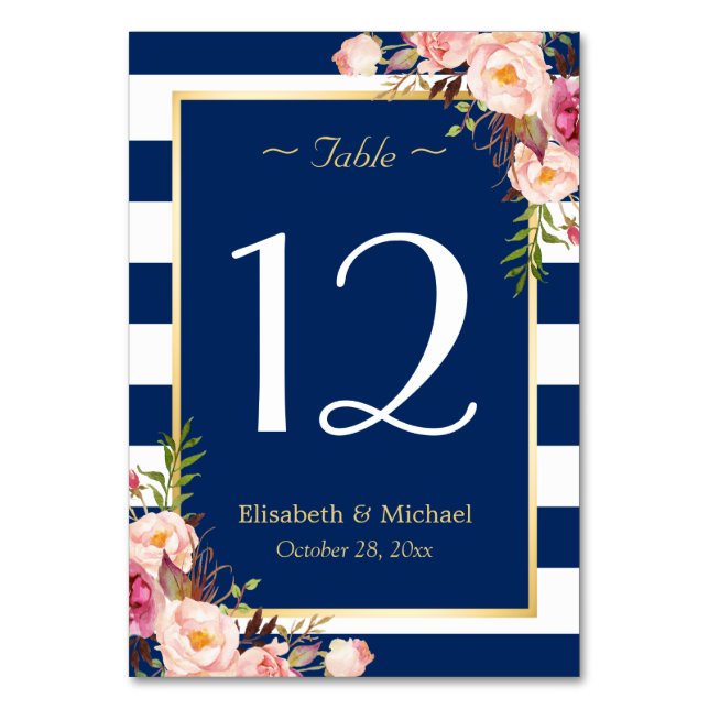Navy Blue Stripes Floral Wedding Table Number (Front)
