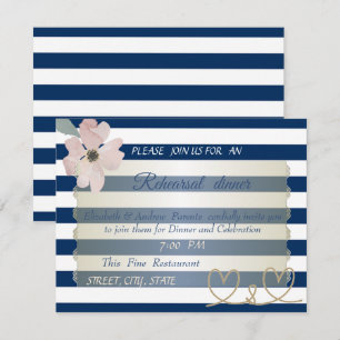 Navy Blue Stripes Flower,Wedding Rehearsal Dinner Invitation