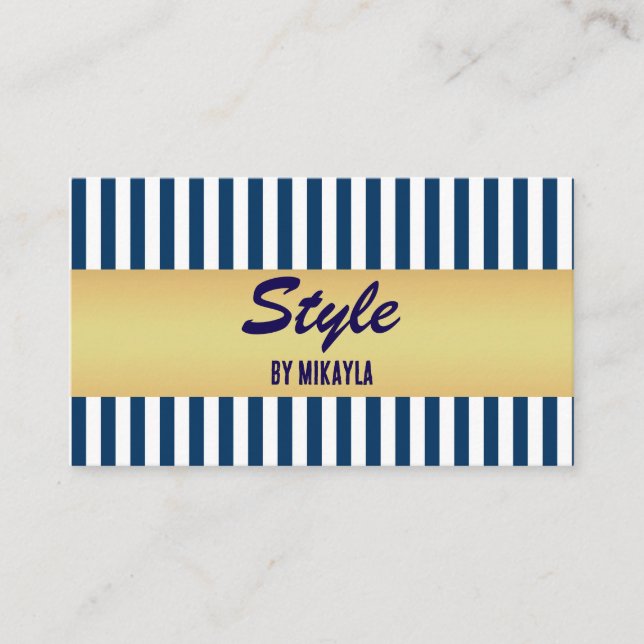 Navy Blue Stripes Gold Bar Stylist Business Card (Front)