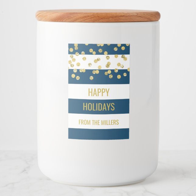 Navy Blue Stripes Gold Confetti Custom Christmas Food Label (Front)