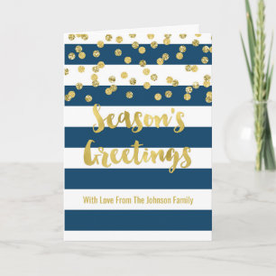 Navy Blue Stripes Gold Confetti Season's Greetings Holiday Card