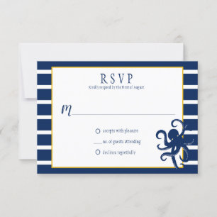 Navy Blue Stripes Gold Details Nautical RSVP   Card