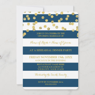 Navy Blue Stripes Gold Dots Rehearsal Dinner Party Invitation