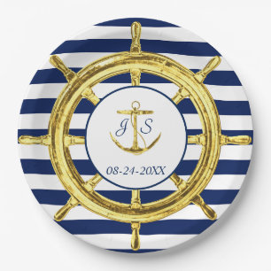 Navy Blue Stripes Gold Nautical Wedding Paper Plate