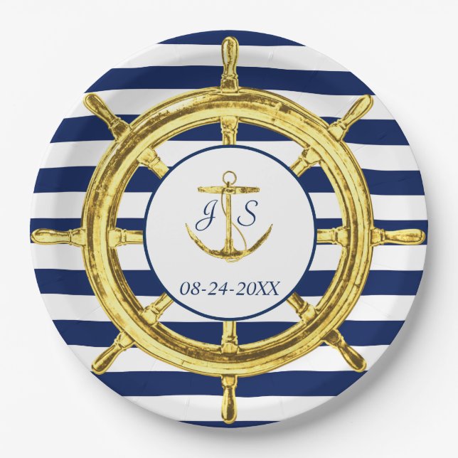 Navy Blue Stripes Gold Nautical Wedding Paper Plate (Front)