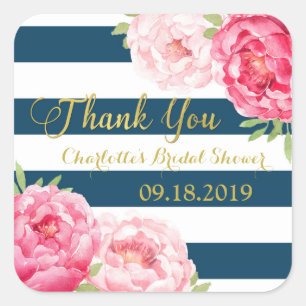 Navy Blue Stripes Gold Pink Floral Bridal Shower Square Sticker
