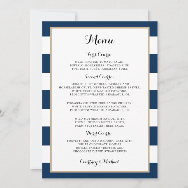 Navy Blue Stripes Gold Trim Wedding Reception Menu Invitation (Front)
