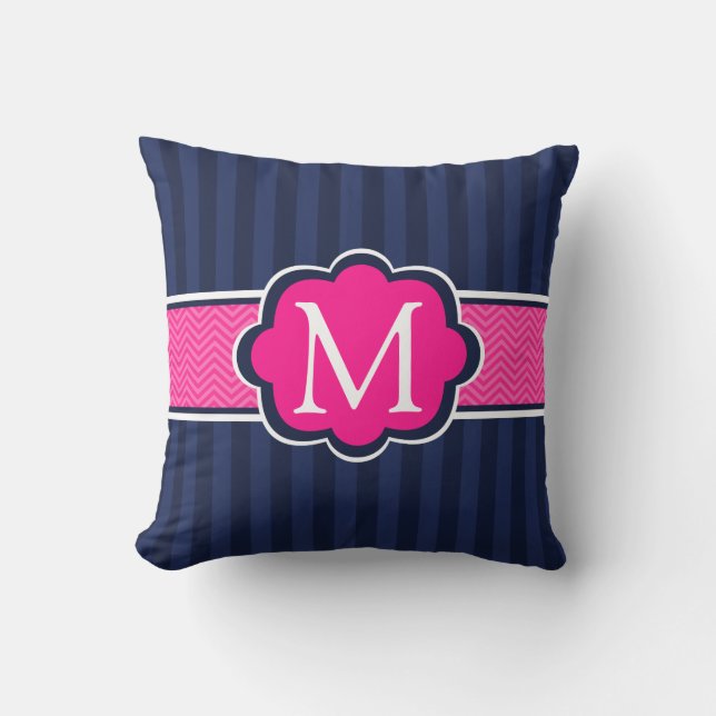 Navy Blue Stripes Hot Pink  Custom Monogram Cushion (Front)