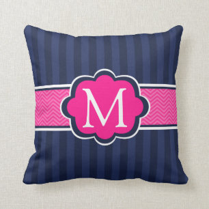 Navy Blue Stripes Hot Pink  Custom Monogram Cushion