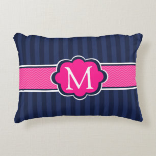Navy Blue Stripes Hot Pink Custom Monogram Decorative Cushion