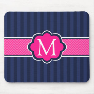 Navy Blue Stripes Hot Pink Custom Monogram Mouse Mat