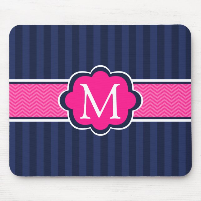 Navy Blue Stripes Hot Pink Custom Monogram Mouse Mat (Front)