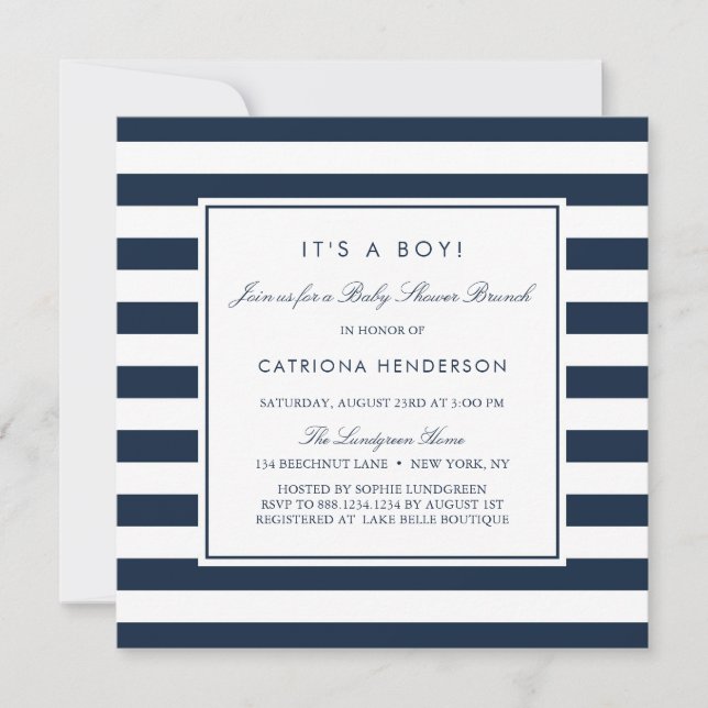 Navy Blue Stripes It's a Boy Baby Shower Brunch Invitation (Front)