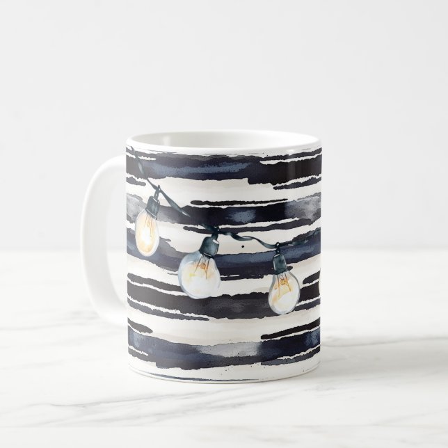 Navy Blue Stripes Light Bulbs Coffee Mug (Front Left)
