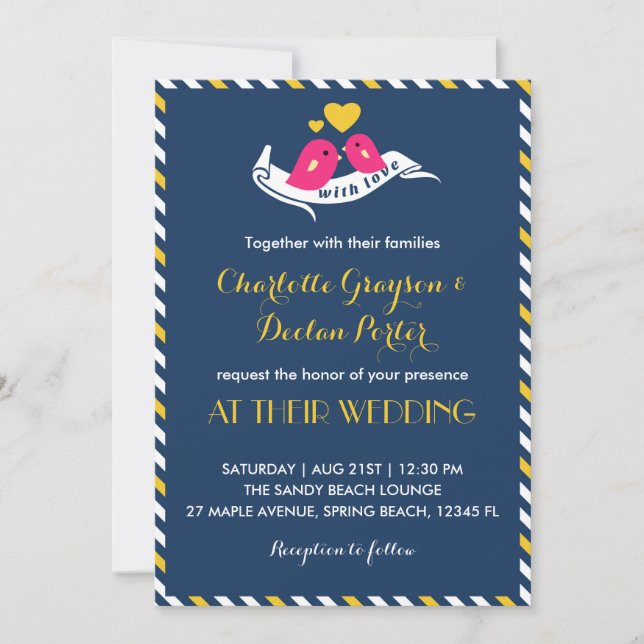 Navy Blue Stripes Love Birds Wedding Invitation (Front)