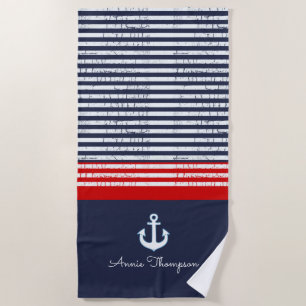navy blue stripes + name and nautical anchor beach towel