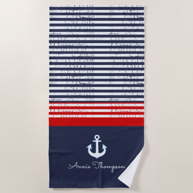 navy blue stripes + name and nautical anchor beach towel (Front)