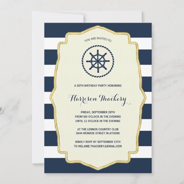 Navy Blue Stripes | Nautical Birthday Party Invitation (Front)