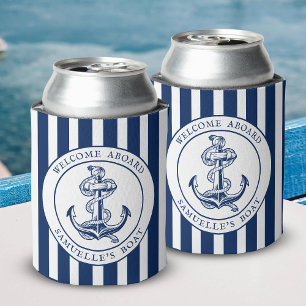 Navy Blue Stripes Nautical Boat Name Anchor Rope Can Cooler
