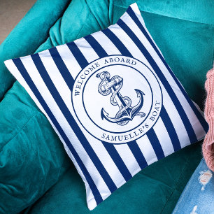 Navy Blue Stripes Nautical Boat Name Anchor Rope Cushion